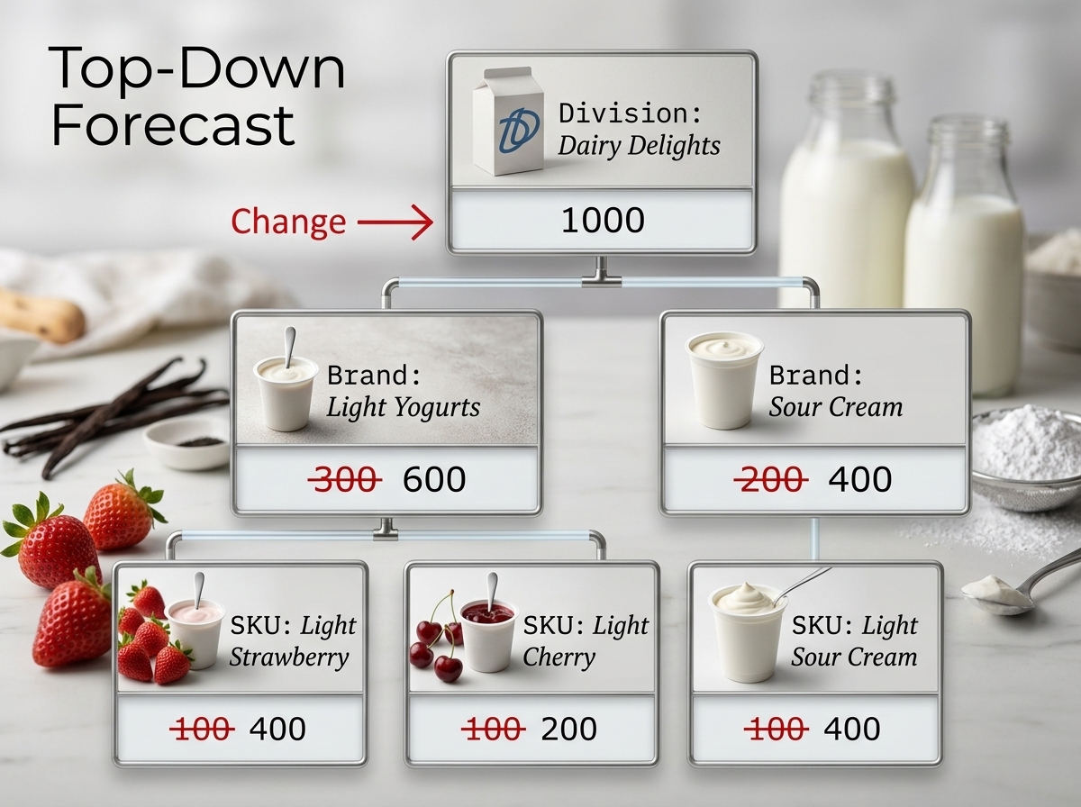 Top-down vs bottom-up forecasting comparison — SKU level noise reduction, brand category division forecast allocation, and intermittent demand modeling for supply chain planning
