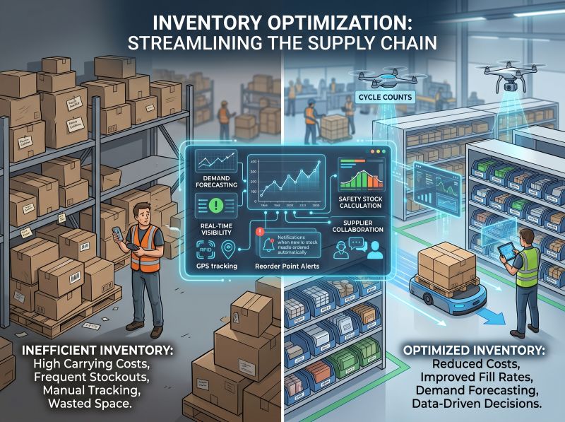 Warehouse automation with robots and conveyors highlighting inventory optimization and lean supply chain planning