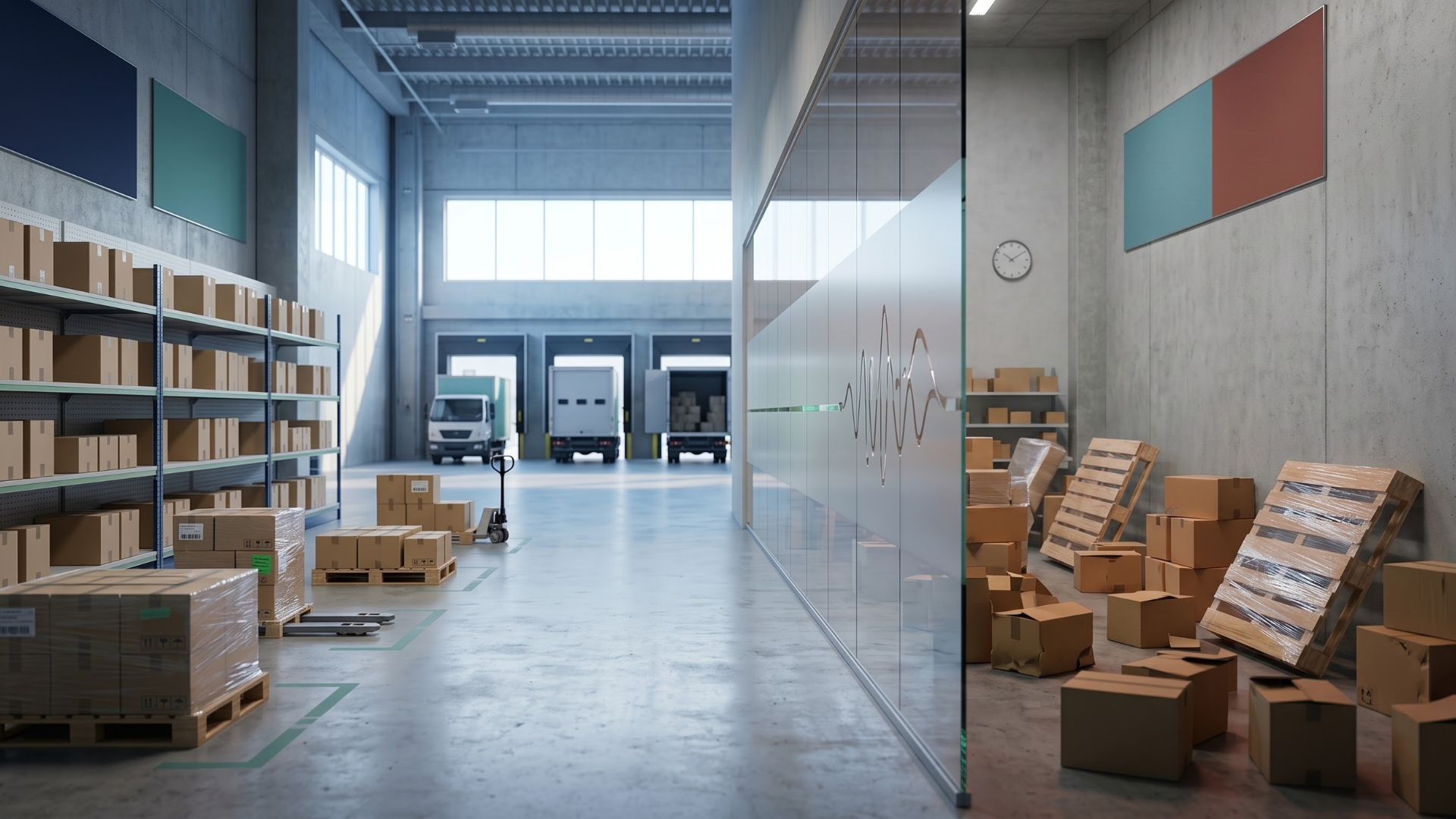 An interior view of a modern warehouse, split into an organized storage bay on the left and a cluttered workspace on the right by a glass partition decorated with an audio waveform graphic