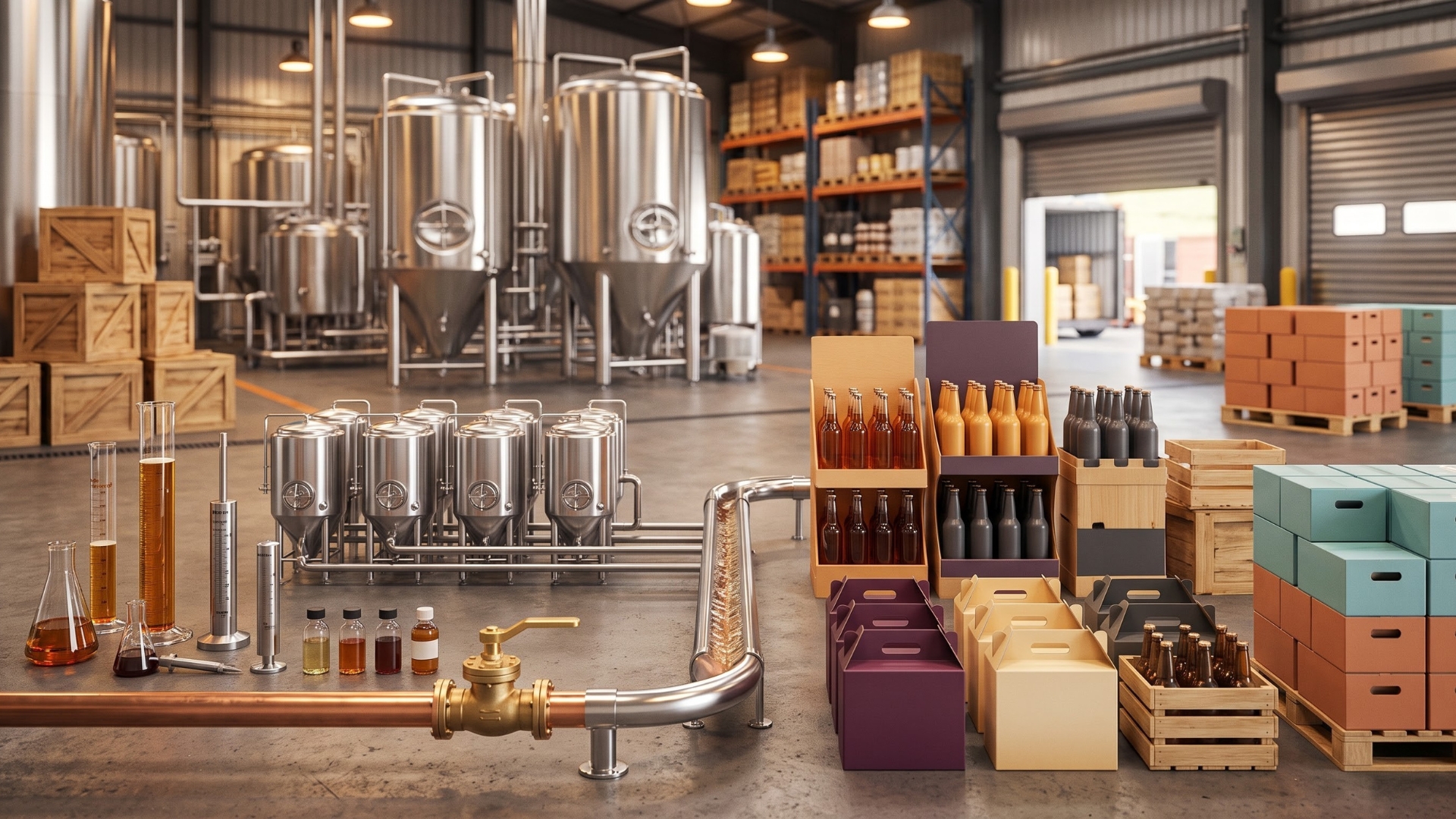 A clean, modern craft brewery facility showcasing the entire beverage production process. In the background, large stainless steel fermentation tanks and tall storage shelves stand inside an industrial warehouse. In the foreground, a pipe system connects