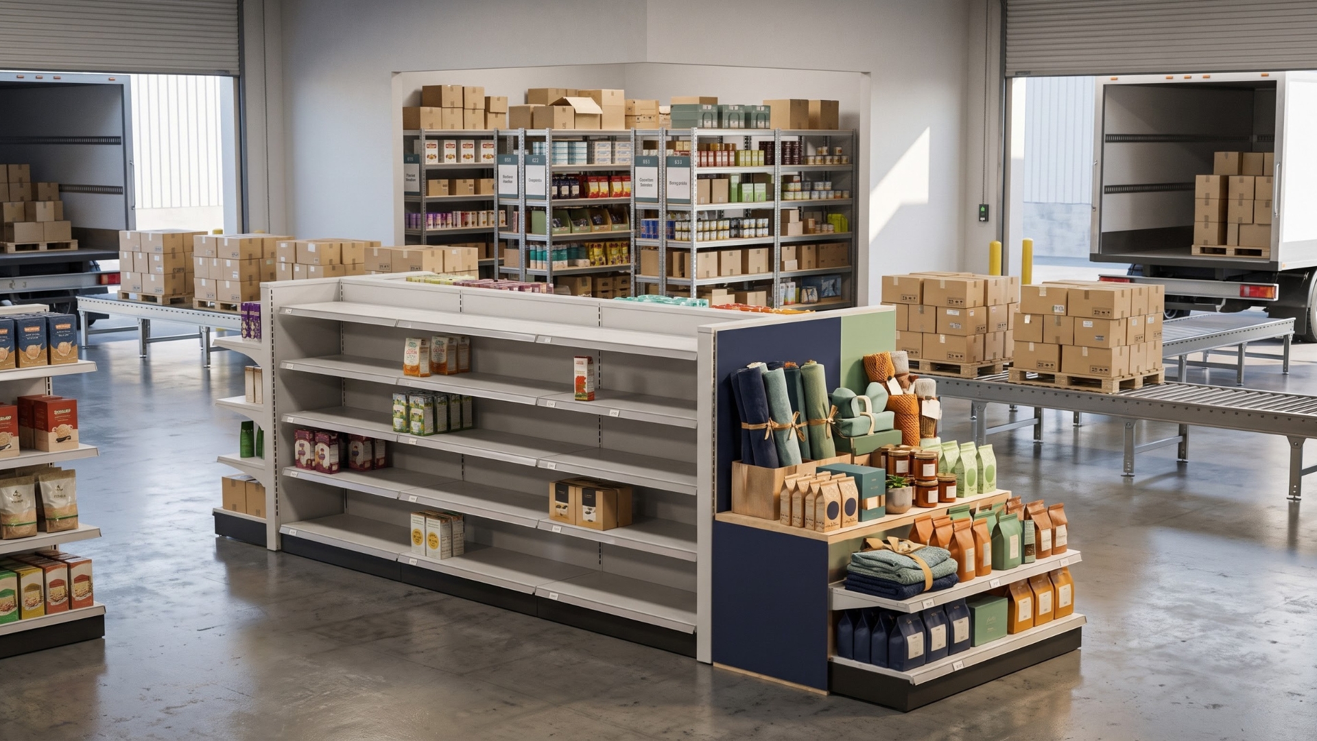 The unit is designed to maximize visibility and enhance product placement, featuring a dedicated wood-accented endcap display for high-impulse items.