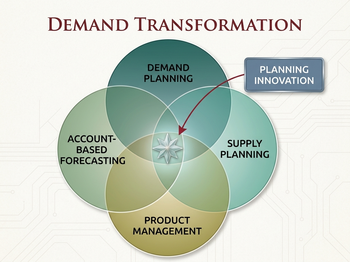 Demand planning process transformation — cross-functional Venn diagram showing sales marketing supply planning and account based forecasting touchpoints for S&OP optimization