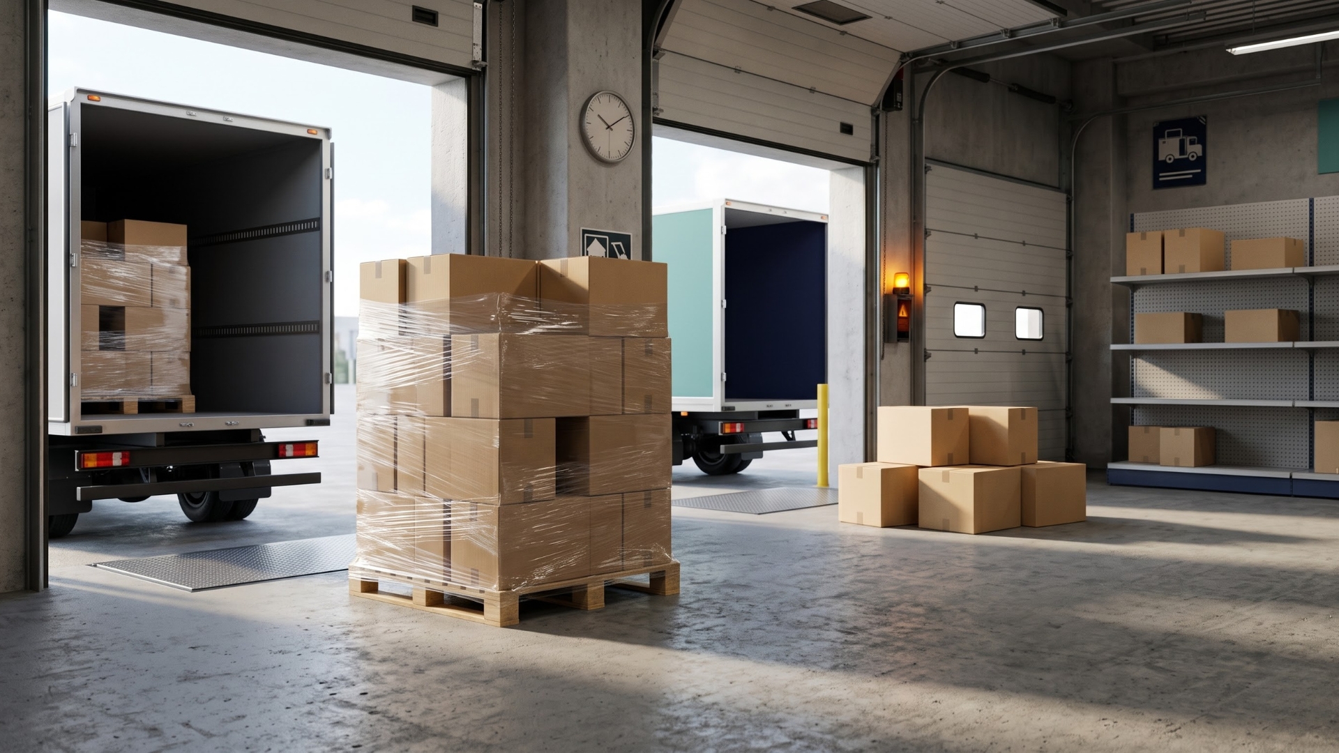 a quiet, organized warehouse loading dock showing split shipments, incomplete pallets of cardboard boxes, a partially loaded delivery truck, and retail shelving in the background.