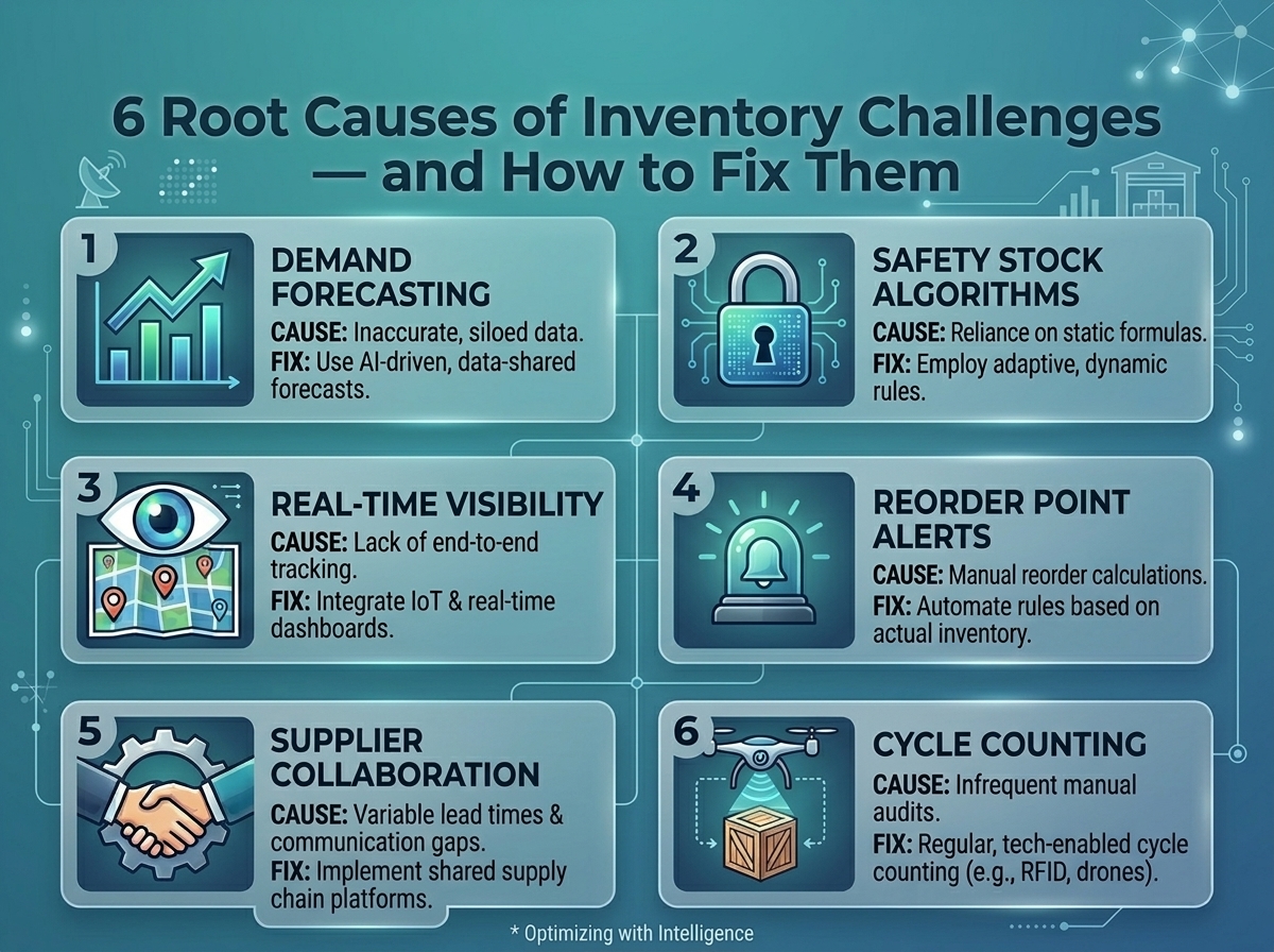 Infographic showing six root causes of inventory challenges including demand forecasting, safety stock, and real-time visibility