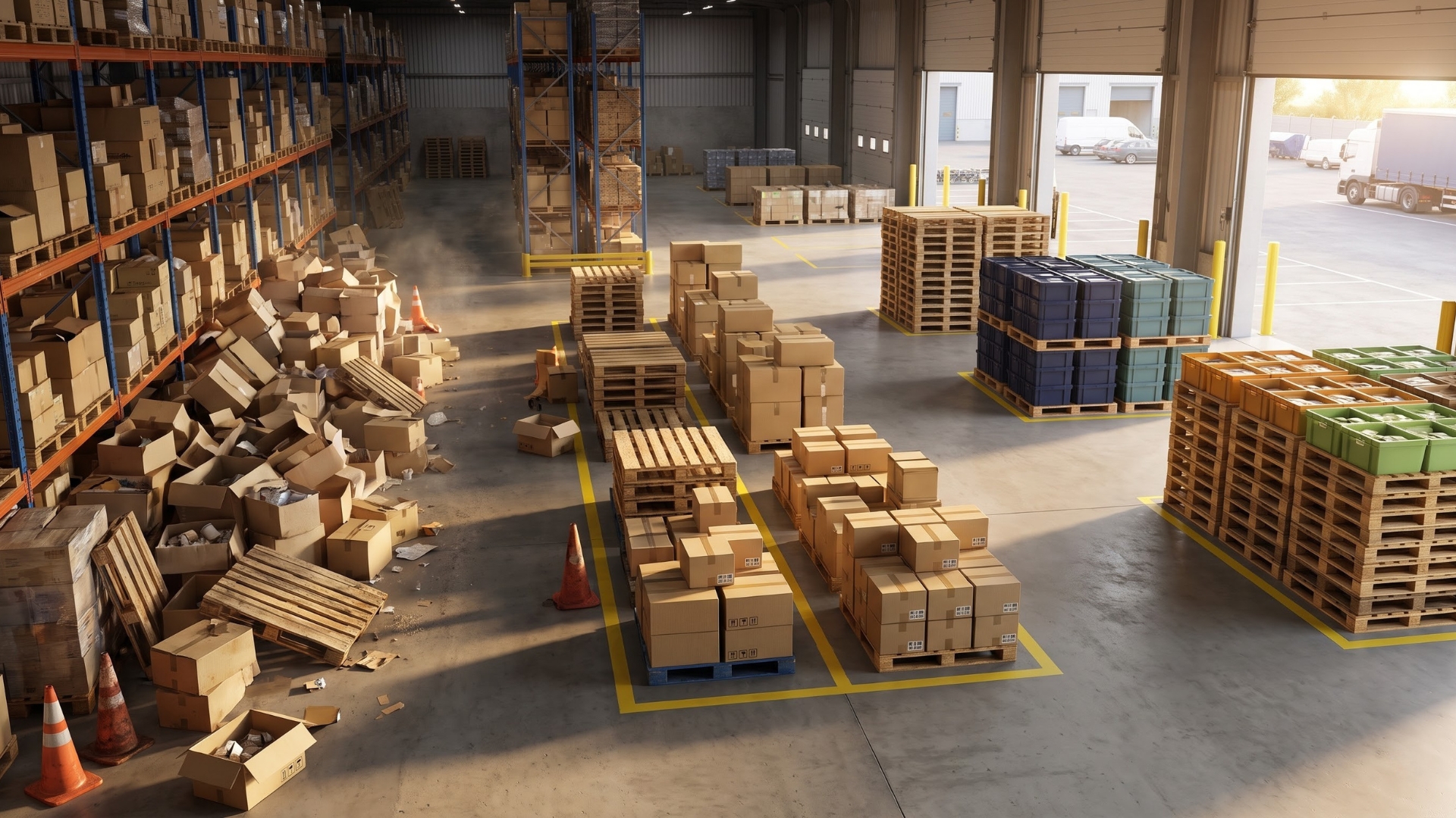 warehouse with tall storage racks on the left and open loading dock doors on the right showing trucks outside