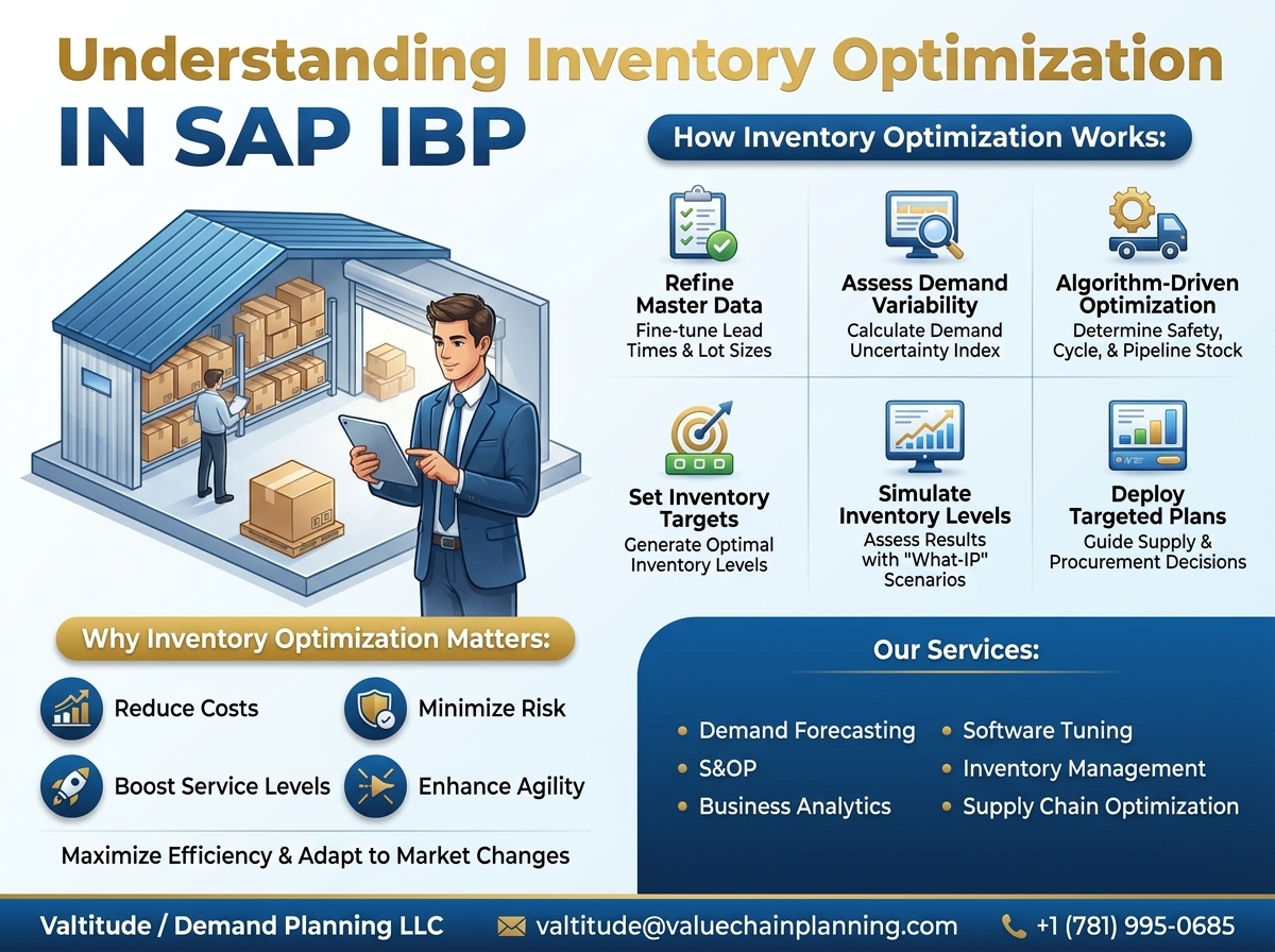 Six-step SAP IBP Inventory Optimization process from master data refinement to deploying targeted inventory plans